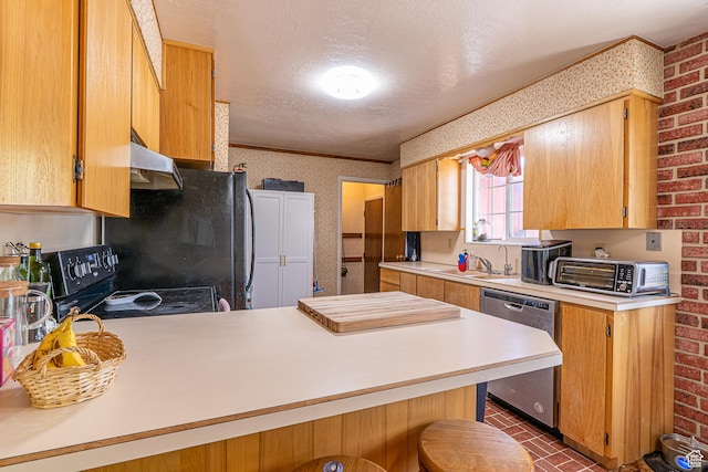 570 N 400 W, Logan, UT 84321 - kitchen with black appliances, light countertops, under cabinet range hood, a peninsula, and brick wall