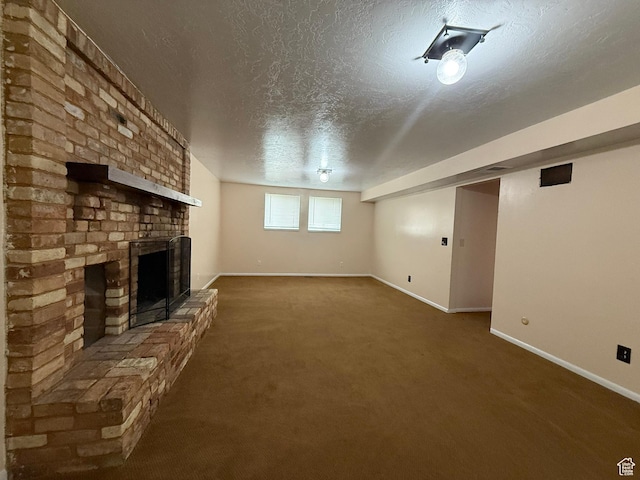 159 W 8800 S, Spanish Fork, UT 84660 - unfurnished living room with a textured ceiling, a brick fireplace, and carpet floors