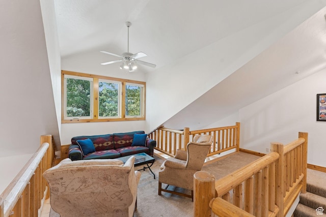 1955 Deer Valley Dr N Unit 302, Park City, UT 84060 - living room with vaulted ceiling, a ceiling fan, and light carpet