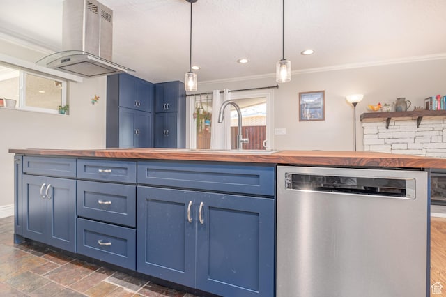 784 Lavina Dr, South Ogden, UT 84403 - kitchen with wood counters, dishwasher, island range hood, blue cabinetry, and ornamental molding