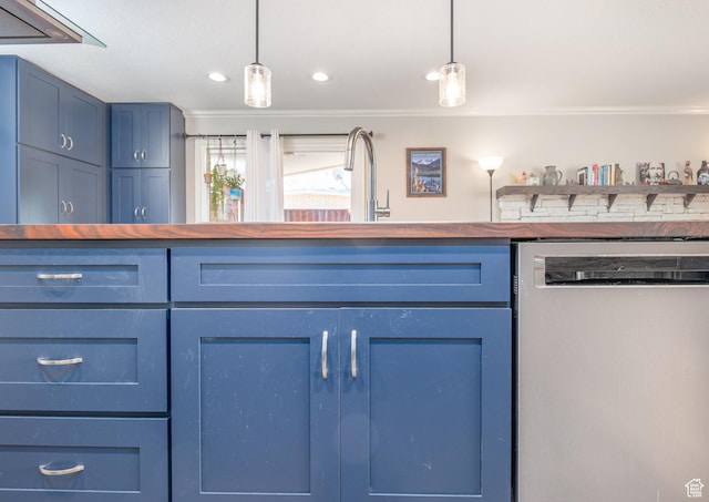 784 Lavina Dr, South Ogden, UT 84403 - kitchen with dishwashing machine, crown molding, blue cabinetry, wood counters, and decorative light fixtures
