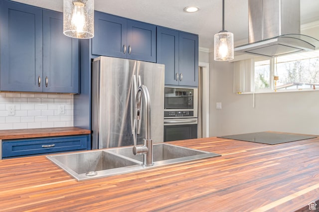 784 Lavina Dr, South Ogden, UT 84403 - kitchen featuring wooden counters, island exhaust hood, appliances with stainless steel finishes, blue cabinets, and recessed lighting