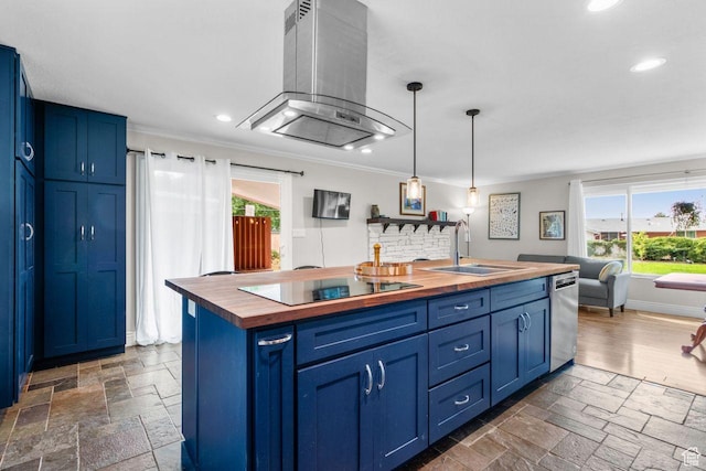 784 Lavina Dr, South Ogden, UT 84403 - kitchen with butcher block countertops, island range hood, black electric cooktop, blue cabinetry, and recessed lighting
