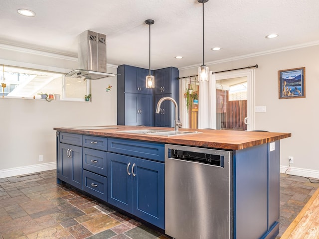 784 Lavina Dr, South Ogden, UT 84403 - kitchen featuring wood counters, dishwasher, blue cabinetry, stone tile flooring, and crown molding