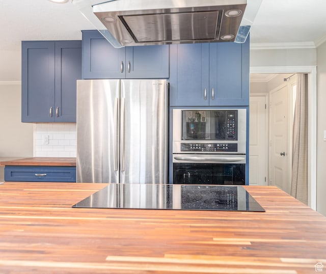 784 Lavina Dr, South Ogden, UT 84403 - kitchen with wood counters, black appliances, extractor fan, ornamental molding, and tasteful backsplash