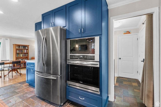 784 Lavina Dr, South Ogden, UT 84403 - kitchen featuring stainless steel appliances, blue cabinetry, ornamental molding, stone tile flooring, and recessed lighting