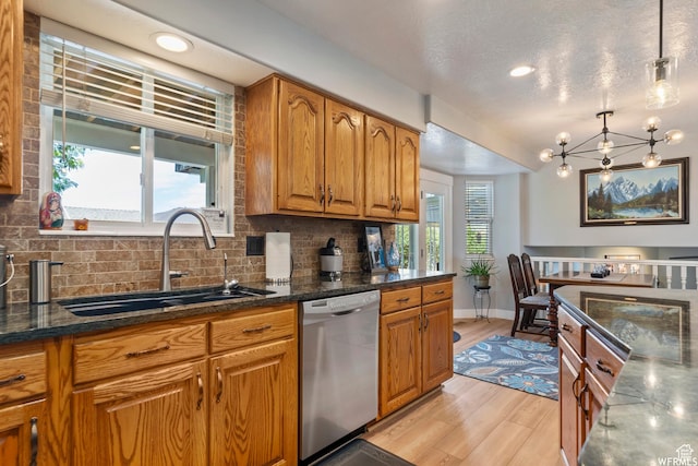 2484 W Gordon Ave, Layton, UT 84041 - kitchen featuring dishwasher, decorative backsplash, light wood-style floors, brown cabinetry, and recessed lighting
