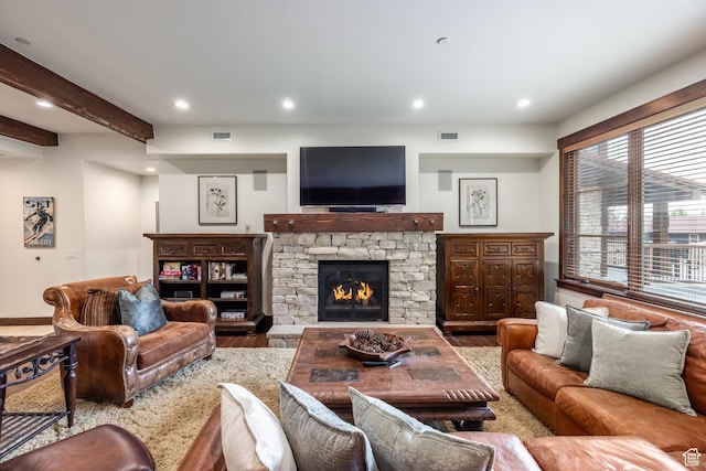 1825 Three Kings Dr Unit 3101, Park City, UT 84060 - living area featuring wood finished floors, recessed lighting, a stone fireplace, and beamed ceiling