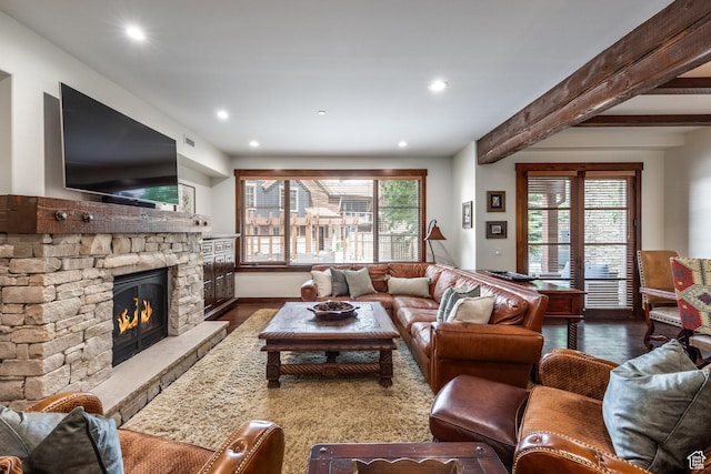 1825 Three Kings Dr Unit 3101, Park City, UT 84060 - living area with wood finished floors, a fireplace, recessed lighting, and beam ceiling