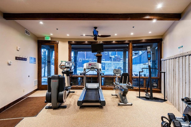 1825 Three Kings Dr Unit 3101, Park City, UT 84060 - gym with beamed ceiling, a ceiling fan, carpet flooring, and recessed lighting