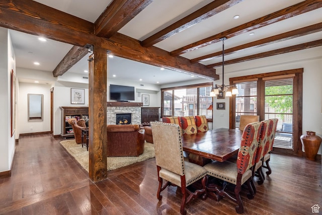 1825 Three Kings Dr Unit 3101, Park City, UT 84060 - dining space with a stone fireplace, dark wood-style flooring, beamed ceiling, recessed lighting, and a chandelier