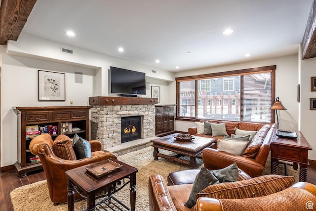 1825 Three Kings Dr Unit 3101, Park City, UT 84060 - living room with dark wood finished floors, a stone fireplace, and recessed lighting
