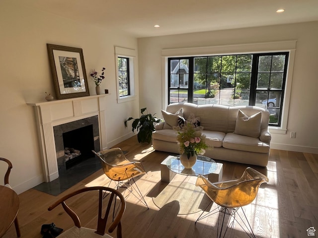 2487 S Beverly St E, Salt Lake City, UT 84106 - living area with a high end fireplace, wood finished floors, and recessed lighting