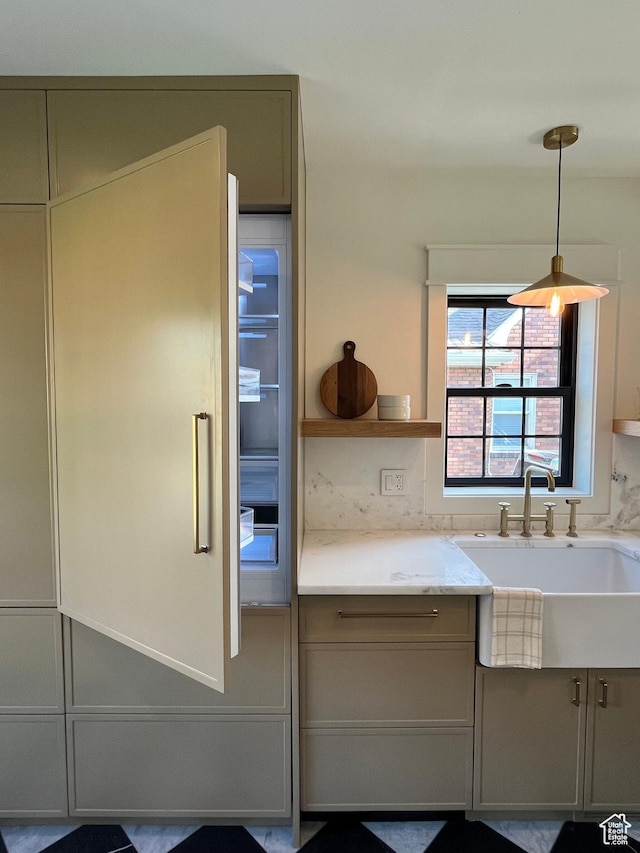 2487 S Beverly St E, Salt Lake City, UT 84106 - kitchen with hanging light fixtures, open shelves, and gray cabinets