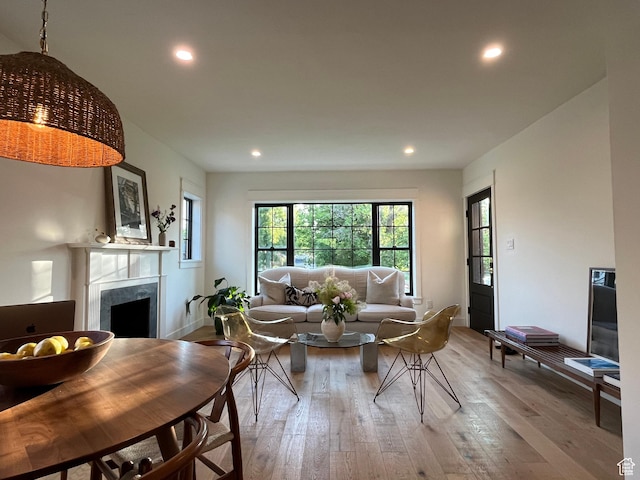 2487 S Beverly St E, Salt Lake City, UT 84106 - living room with hardwood / wood-style flooring, recessed lighting, and a fireplace