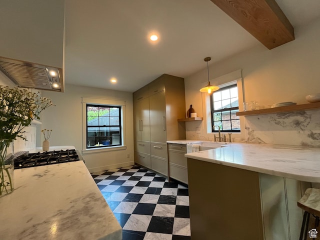 2487 S Beverly St E, Salt Lake City, UT 84106 - kitchen featuring dark floors, open shelves, a peninsula, a kitchen breakfast bar, and pendant lighting