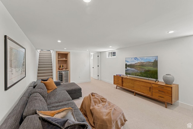 2487 S Beverly St E, Salt Lake City, UT 84106 - living room featuring beverage cooler, stairs, carpet, recessed lighting, and a dry bar