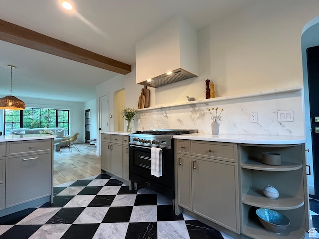 2487 S Beverly St E, Salt Lake City, UT 84106 - kitchen with open shelves, black gas stove, gray cabinetry, light countertops, and beam ceiling