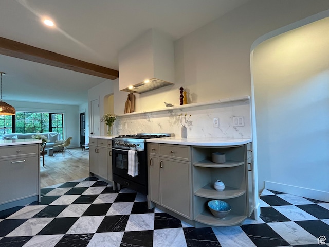 2487 S Beverly St E, Salt Lake City, UT 84106 - kitchen featuring gas range oven, open shelves, gray cabinetry, wall chimney range hood, and light countertops
