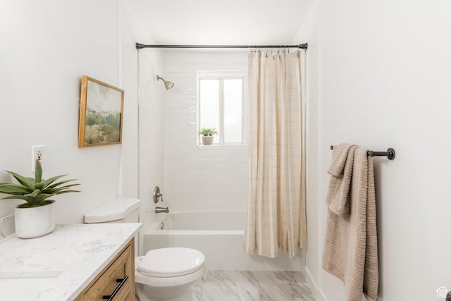 5655 S 700 W, Murray, UT 84123 - bathroom featuring vanity, shower / bathtub combination with curtain, and marble look tile flooring
