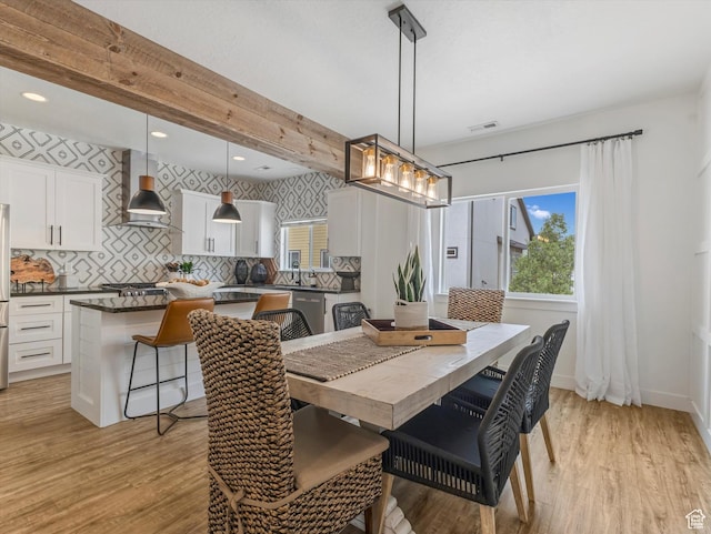 14735 S Asher Ln W, Bluffdale, UT 84065 - dining room with light wood-type flooring, beam ceiling, and recessed lighting