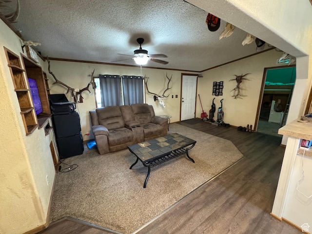 1082 W 650 S, Vernal, UT 84078 - living room featuring wood finished floors, ceiling fan, a textured ceiling, crown molding, and a textured wall
