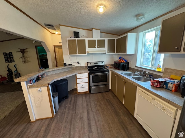 1082 W 650 S, Vernal, UT 84078 - kitchen featuring electric stove, under cabinet range hood, white dishwasher, dark wood-type flooring, and a textured ceiling