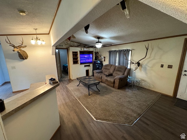 1082 W 650 S, Vernal, UT 84078 - living area featuring a textured ceiling, wood finished floors, ornamental molding, ceiling fan, and a chandelier
