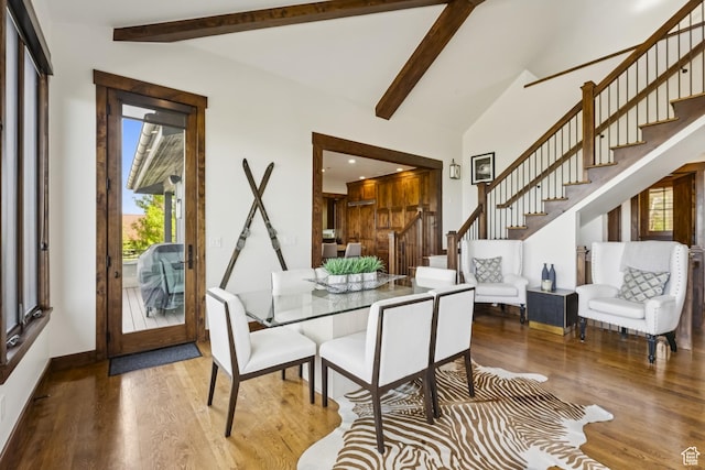 9079 Dye Cabins Dr, Park City, UT 84098 - dining space with stairs, wood finished floors, plenty of natural light, beamed ceiling, and high vaulted ceiling