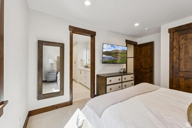 9079 Dye Cabins Dr, Park City, UT 84098 - bedroom featuring light carpet, recessed lighting, and ensuite bath