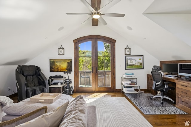 9079 Dye Cabins Dr, Park City, UT 84098 - office featuring french doors, wood finished floors, lofted ceiling, and ceiling fan