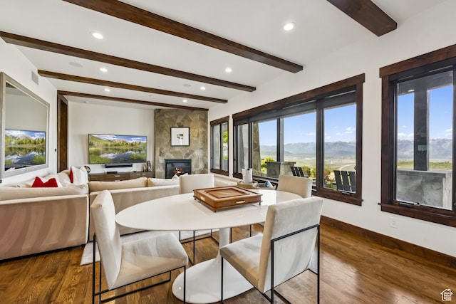 9079 Dye Cabins Dr, Park City, UT 84098 - dining room with beam ceiling, dark wood-style floors, a large fireplace, and recessed lighting