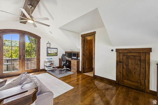 9079 Dye Cabins Dr, Park City, UT 84098 - office area with vaulted ceiling, french doors, dark wood-type flooring, and ceiling fan