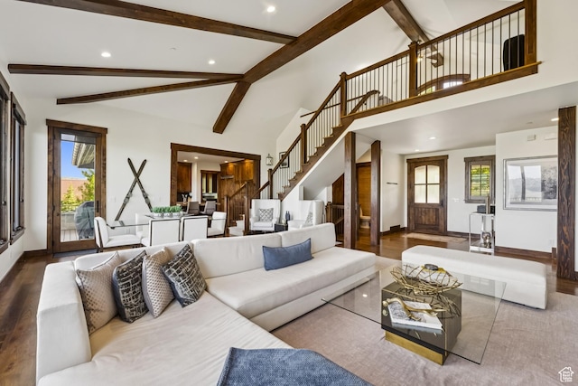 9079 Dye Cabins Dr, Park City, UT 84098 - living room with stairway, beamed ceiling, wood finished floors, recessed lighting, and high vaulted ceiling