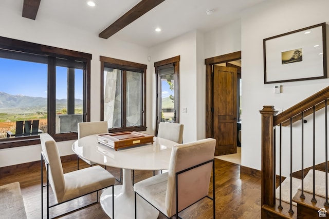 9079 Dye Cabins Dr, Park City, UT 84098 - dining room featuring stairway, wood finished floors, recessed lighting, a mountain view, and beamed ceiling