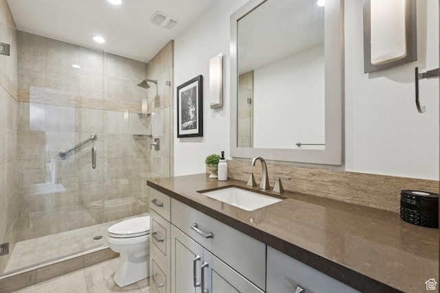 9079 Dye Cabins Dr, Park City, UT 84098 - bathroom with vanity, a stall shower, recessed lighting, and decorative backsplash