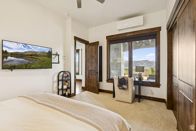 9079 Dye Cabins Dr, Park City, UT 84098 - bedroom featuring a wall mounted AC, light colored carpet, and a ceiling fan