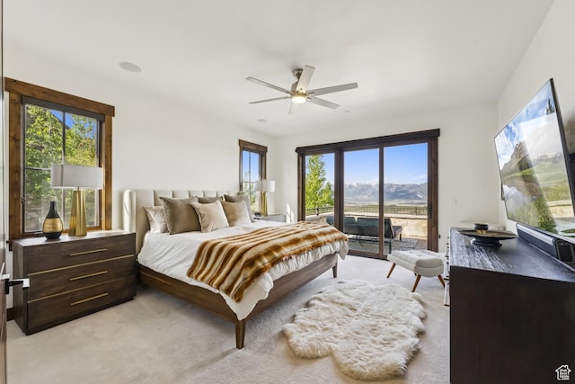 9079 Dye Cabins Dr, Park City, UT 84098 - bedroom featuring access to outside, light carpet, and a ceiling fan