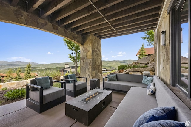 9079 Dye Cabins Dr, Park City, UT 84098 - view of patio / terrace featuring an outdoor living space with a fire pit and a mountain view