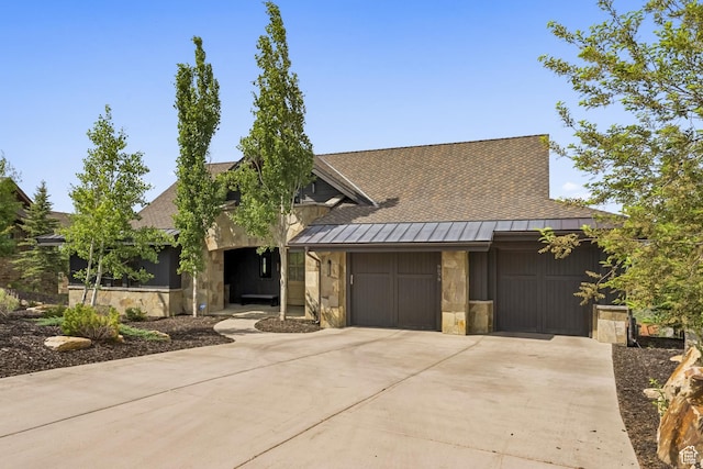 9079 Dye Cabins Dr, Park City, UT 84098 - view of front of house featuring a standing seam roof, a garage, stone siding, and roof with shingles