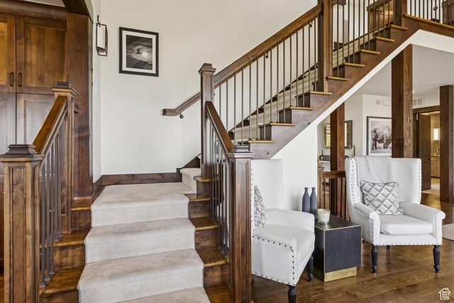 9079 Dye Cabins Dr, Park City, UT 84098 - stairway featuring wood finished floors and a towering ceiling