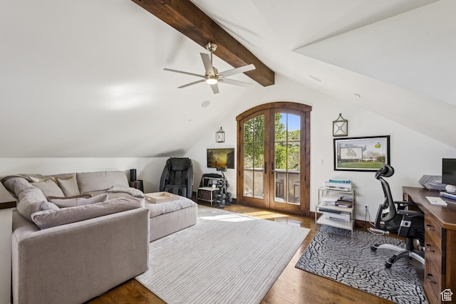 9079 Dye Cabins Dr, Park City, UT 84098 - living area featuring an office area, wood finished floors, ceiling fan, and french doors