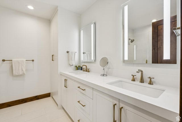 9079 Dye Cabins Dr, Park City, UT 84098 - bathroom featuring double vanity, tile patterned floors, recessed lighting, and a shower