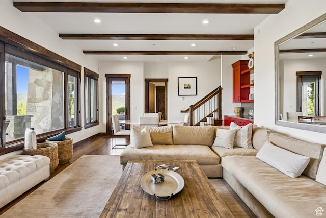 9079 Dye Cabins Dr, Park City, UT 84098 - living room featuring plenty of natural light, recessed lighting, beam ceiling, dark wood-style floors, and stairway
