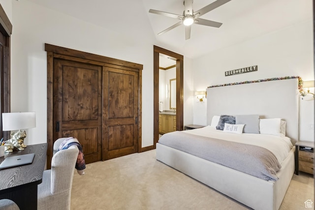 9079 Dye Cabins Dr, Park City, UT 84098 - bedroom featuring light colored carpet, a ceiling fan, and ensuite bathroom