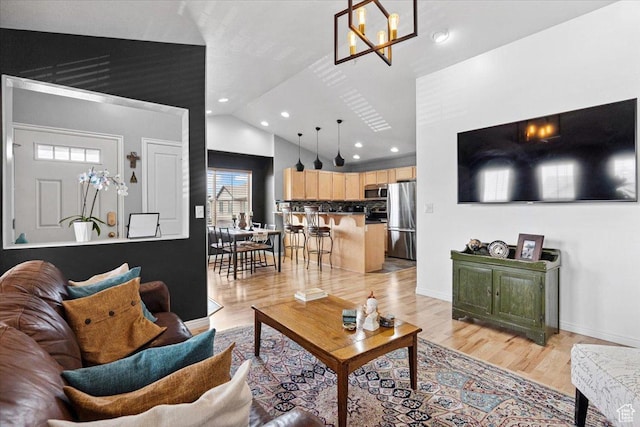 1049 W Allington Dr N, North Salt Lake, UT 84054 - living area featuring lofted ceiling, light wood-style floors, recessed lighting, and a chandelier