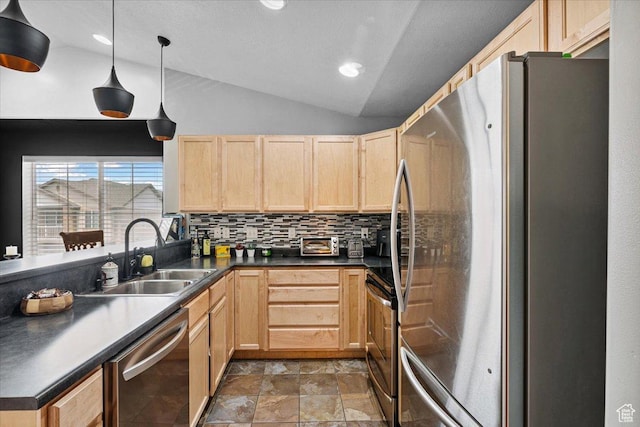 1049 W Allington Dr N, North Salt Lake, UT 84054 - kitchen with stainless steel appliances, light brown cabinetry, vaulted ceiling, dark countertops, and tasteful backsplash