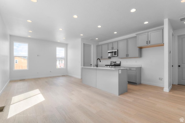 3908 W 2720 N, Lehi, UT 84043 - kitchen with appliances with stainless steel finishes, gray cabinets, recessed lighting, light wood-style flooring, and light countertops