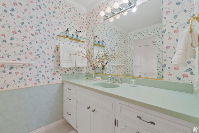 875 S Donner Way E Unit 302, Salt Lake City, UT 84108 - bathroom featuring wallpapered walls, crown molding, and vanity