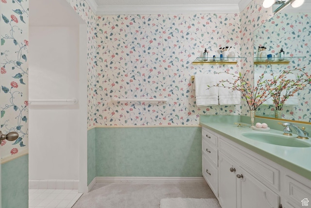 875 S Donner Way E Unit 302, Salt Lake City, UT 84108 - bathroom featuring wallpapered walls, vanity, and ornamental molding